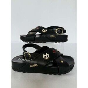 Karl Lagerfeld Paris Black Sandals Womens 8 EU 38 Buckle Strap Studded